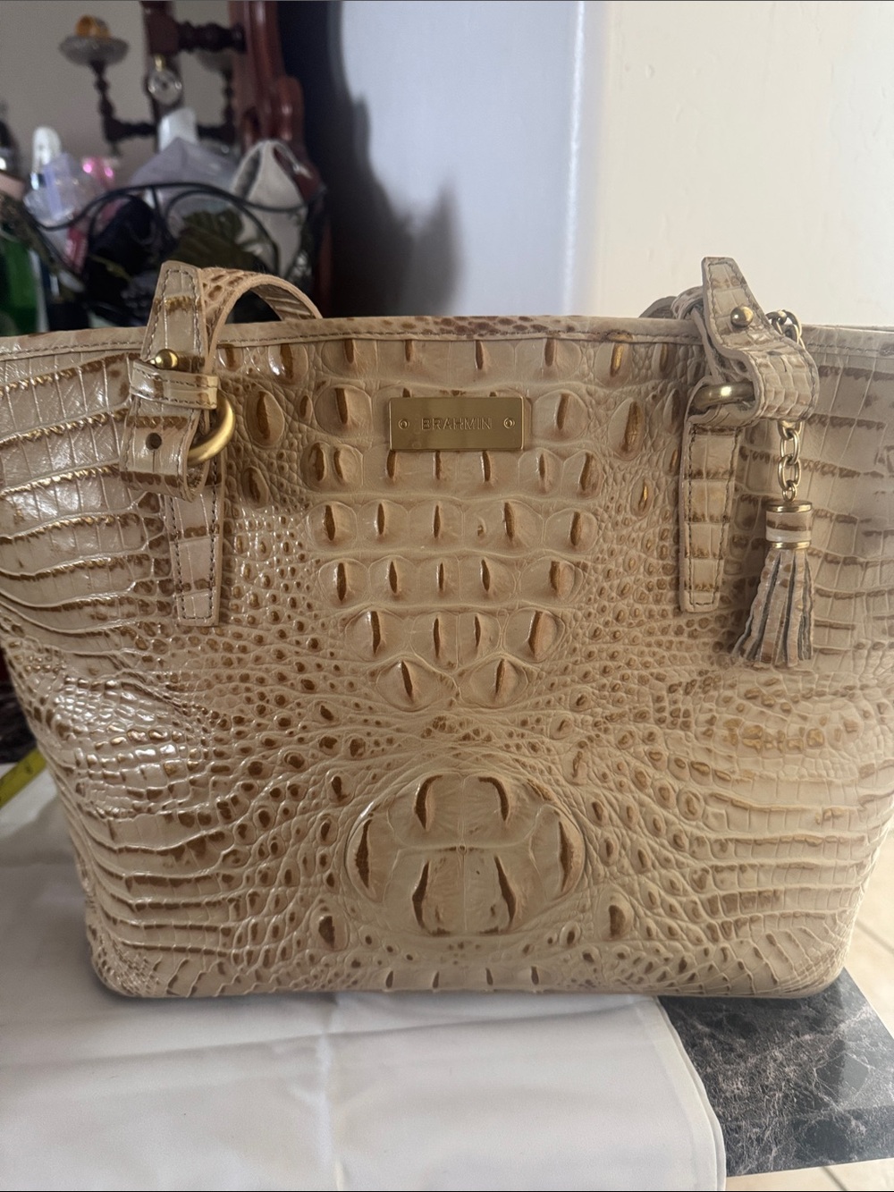 Brahmin Beige Croc-Embossed Leather Tote with Tassel
